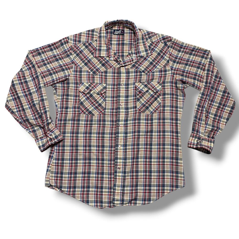 Vintage 70s Levi’s Western Pearl Snap Shirt Plaid Blue Tab Western USA Made XL